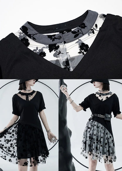 Black White Tulle Patchwork Cotton Dresses Print Short Sleeve