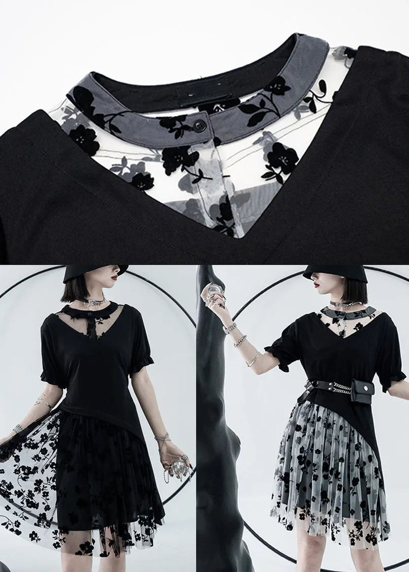 Black White Tulle Patchwork Cotton Dresses Print Short Sleeve