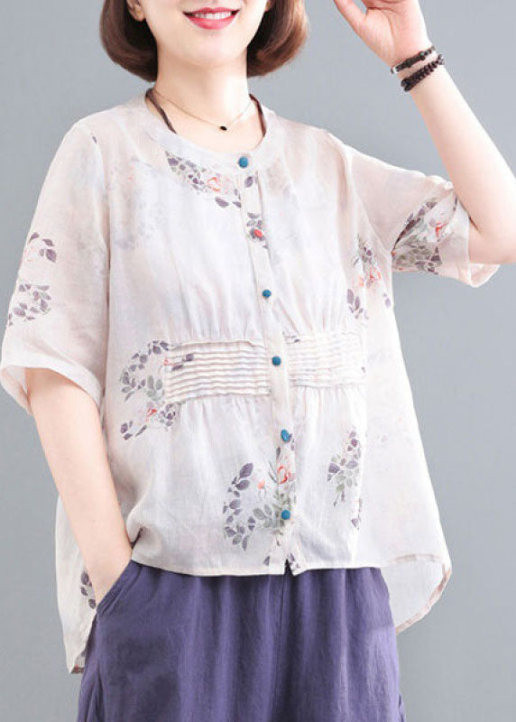 Apricot Wrinkled Print Linen Two Piece Set Outfits Short Sleeve
