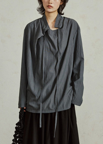 Grayish Blue Lace Up Cotton Shirts Stand Collar