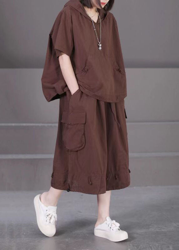 Coffee Hooded Pockets Patchwork Cotton Two Pieces Set Summer