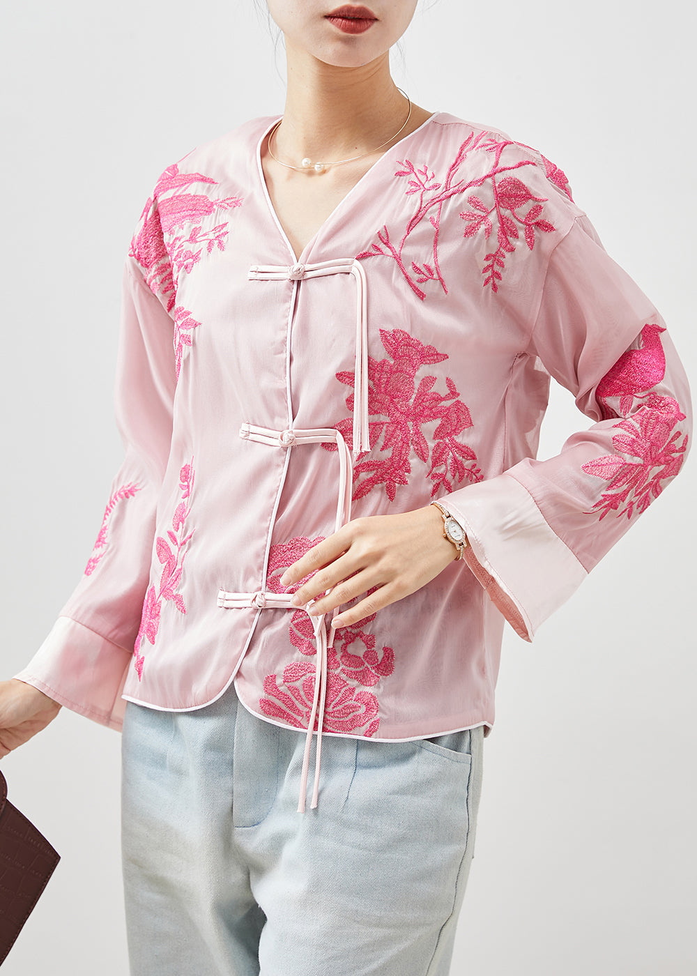 Pink Silk Blouse Tops Embroideried Tasseled Fall