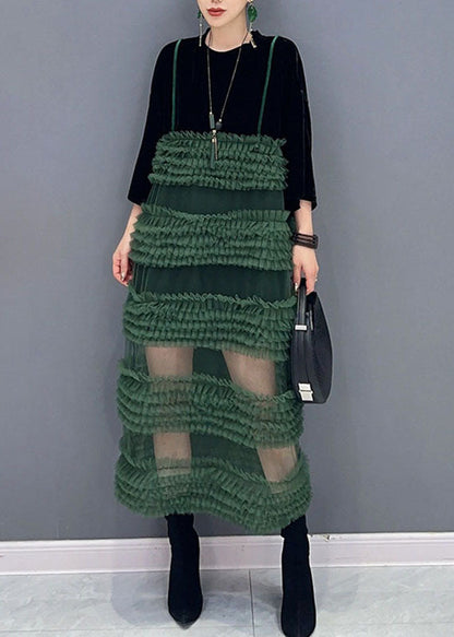 Black Patchwork Green O-neck Fake Two Pieces Tulle Long Dresses Long Sleeve