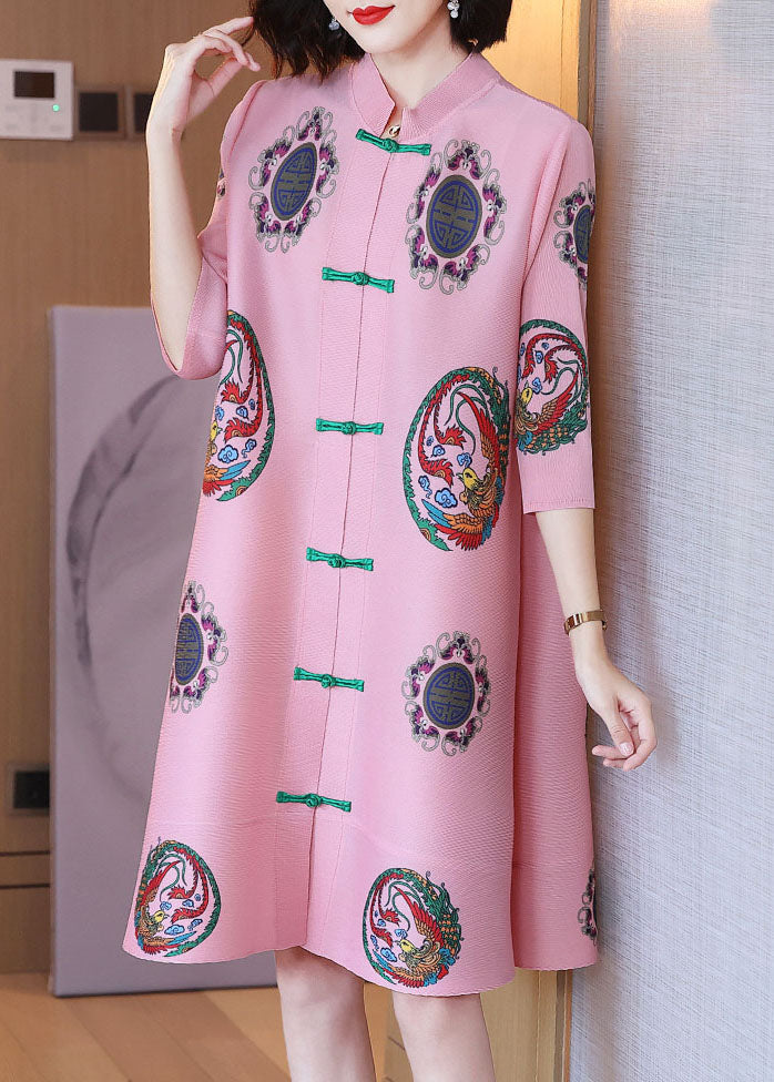 Pink Stand Collar Print Chiffon a Line Dress Half Sleeve