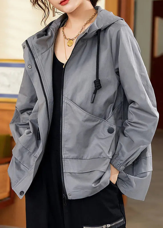 Gray Patchwork Zippered Button Pockets Cotton Hooded Coats Long Sleeve