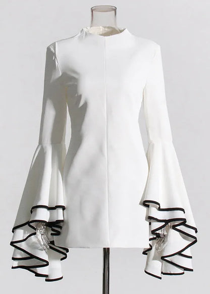 Original Design White Stand Collar Patchwork Vacation Mid Dresses Petal Sleeve