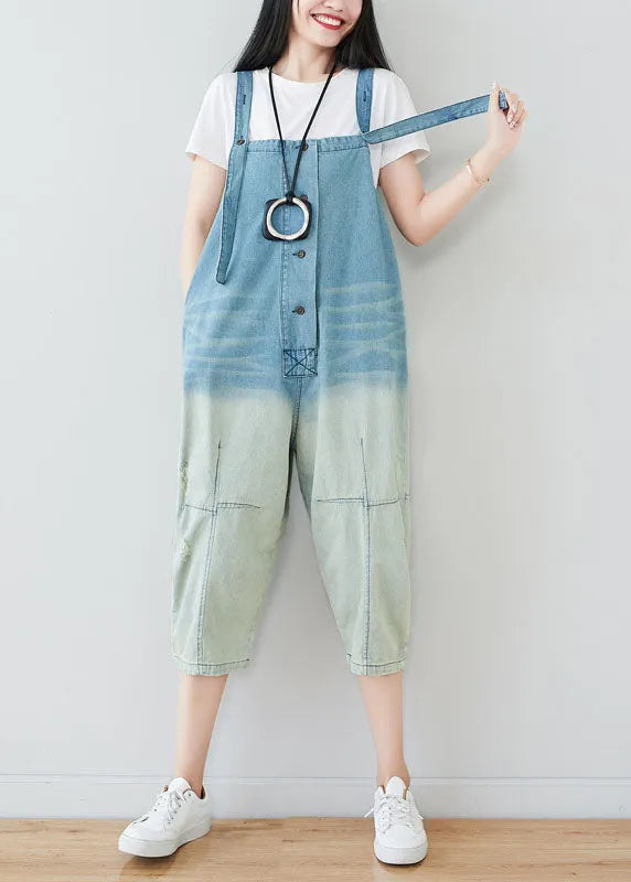 Light Blue Patchwork Gradient Color Cotton Overalls Jumpsuit Spring