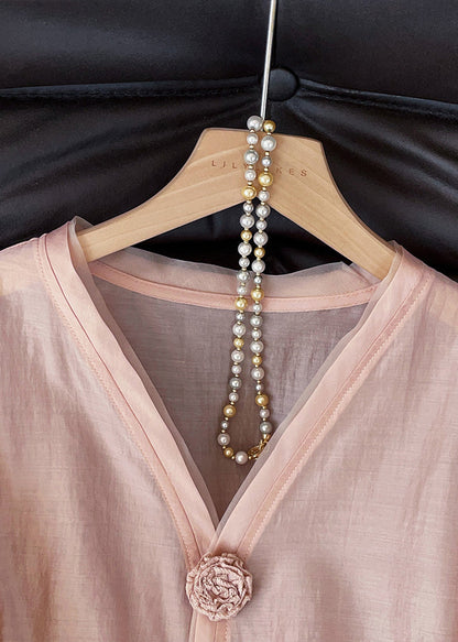 Brick Red V Neck Decorated Cotton Shirts Fall