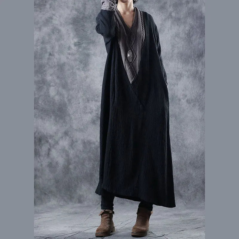 Black Grey V Neck Pockets Patchwork Fall Knit Long Sleeve Dress
