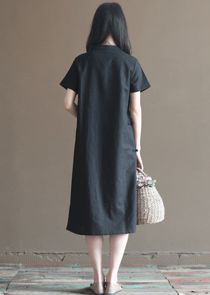 Classy Black Stand Collar Oriental Button Cotton Linen Cheongsam Dresses Short Sleeve