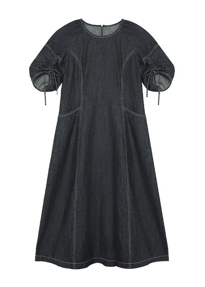 Italian Navy O Neck Drawstring Lace Up Patchwork Denim Dress Summer