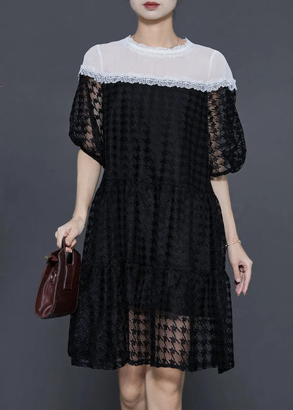 Black Puff Sleeve Patchwork Chiffontulle Maxi Dress Summer