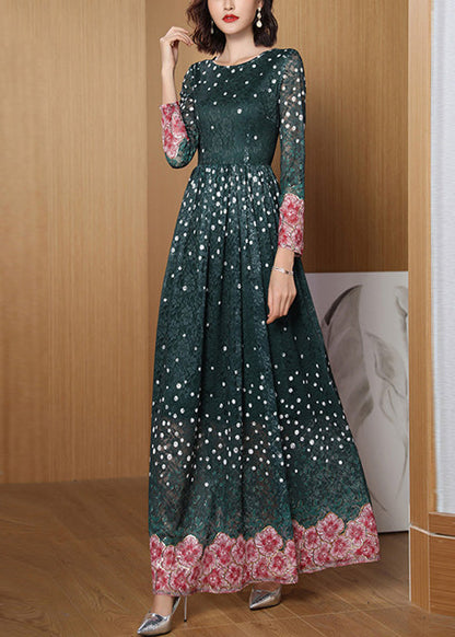 Novelty Green O-neck Print Lace Patchwork Tunic Maxi Dress Long Sleeve