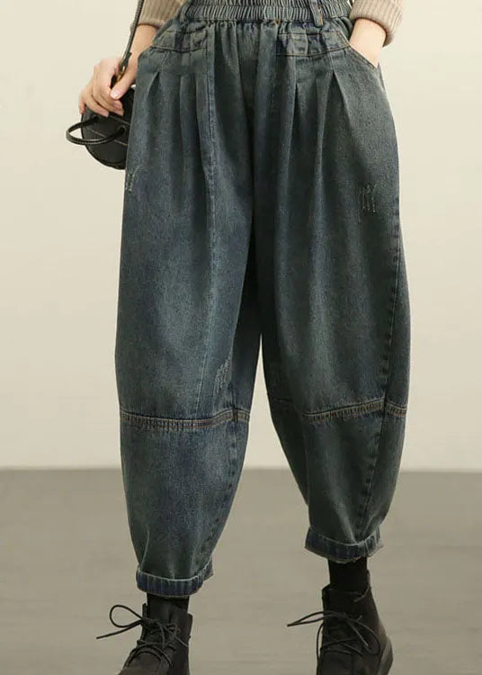 Diy Blue High Waist Pockets Wrinkled Harem Fall Denim Pants