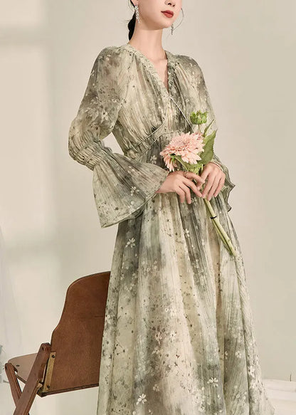 Fine Green V Neck Ruffled Tunic Chiffon Maxi Dress Lantern Sleeve