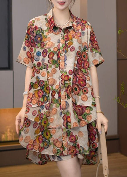 Khaki Oversized Print Cotton Two Pieces Set Summer