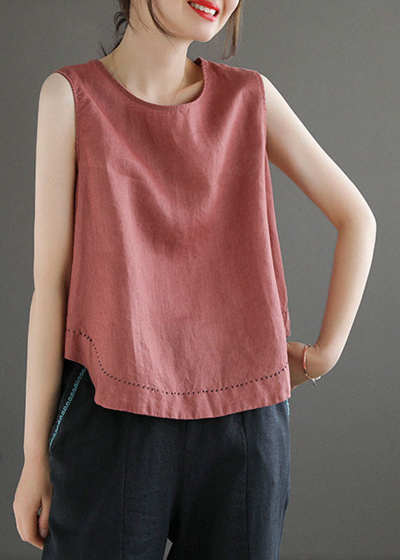 Simple Blue O-neck Embroideried Linen Beach Vest Sleeveless