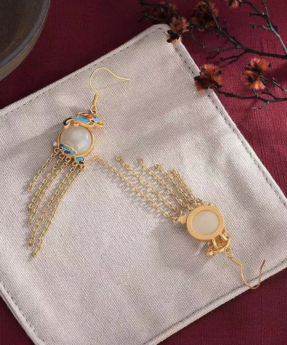 Yellow Jade Cloisonne Gem Stone Butterfly Tassel Drop Earrings