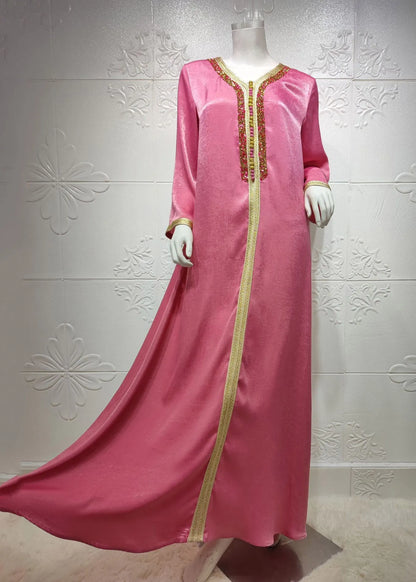Rose V Neck Lace Patchwork Zircon Velour Maxi Dress Long Sleeve