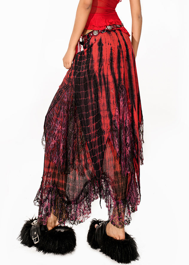 Red Tie Dye High Waist Lace Maxi Skirts Summer