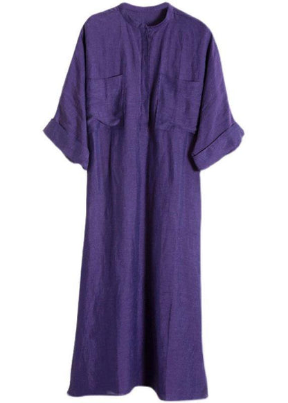 Natural Purple Tunic V Neck Pockets Holiday Linen Dress