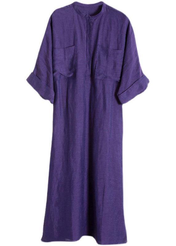Natural Purple Tunic V Neck Pockets Holiday Linen Dress