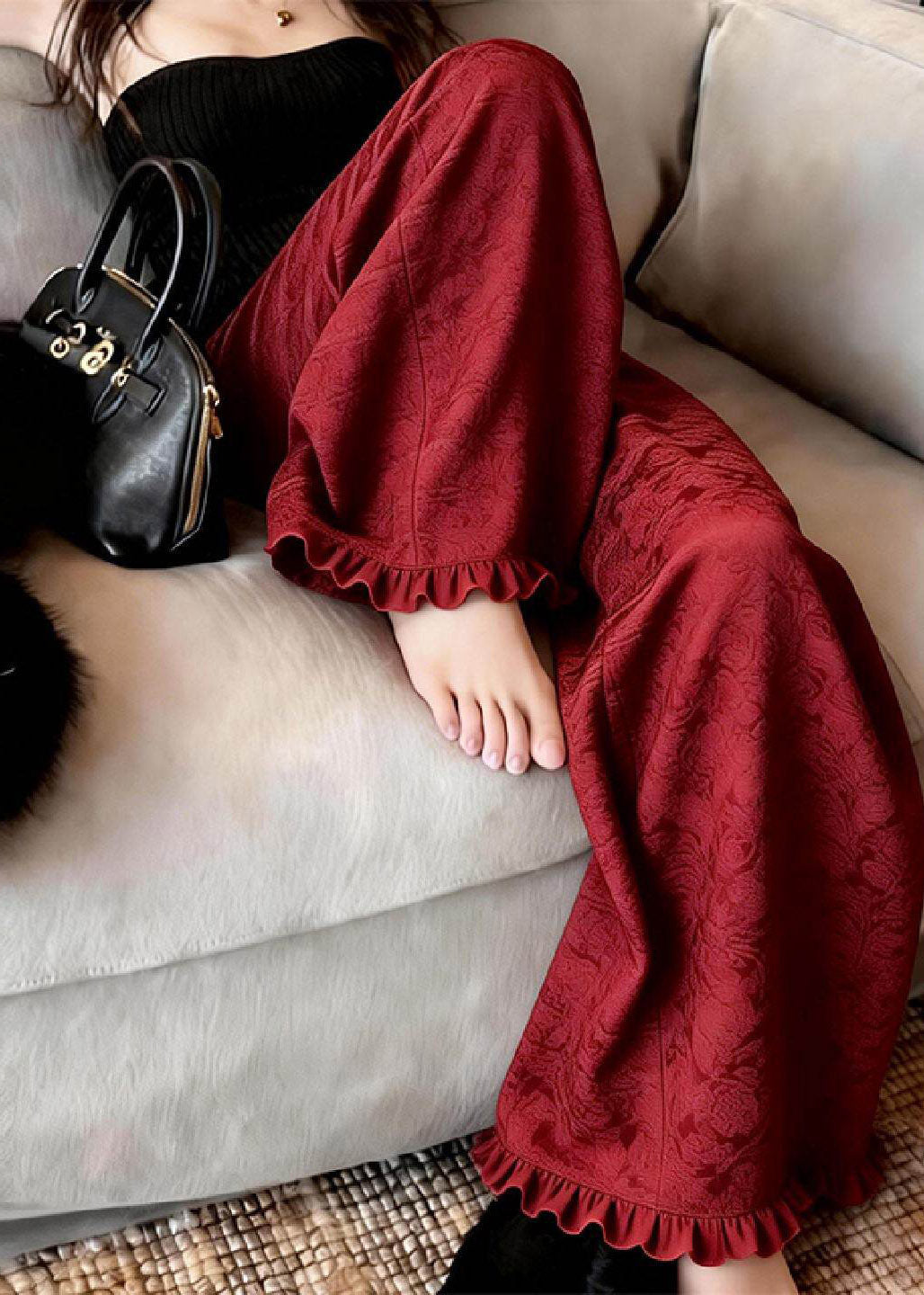 Red Ruffled Patchwork Wide Leg Pants