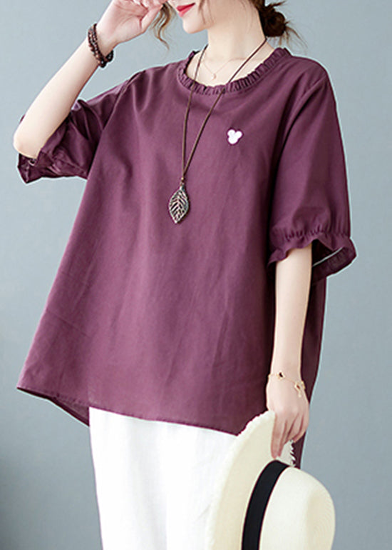 Purple Red O-neck Embroideried Ruffled Top Short Sleeve