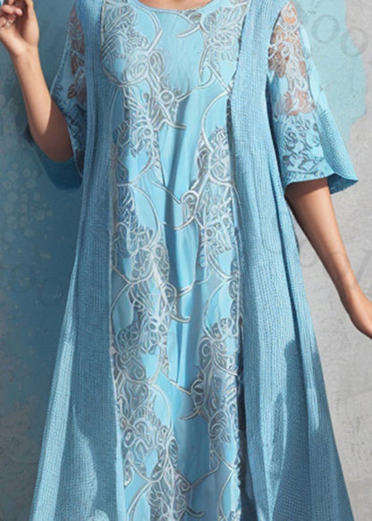 Natural Blue O Neck Print False Two Pieces Silk Dresses Summer
