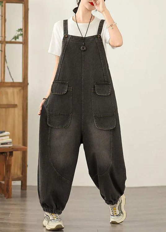 Unique Black Pockets Loose Denim Jumpsuit Spring