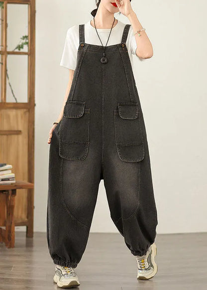 Unique Black Pockets Loose Denim Jumpsuit Spring