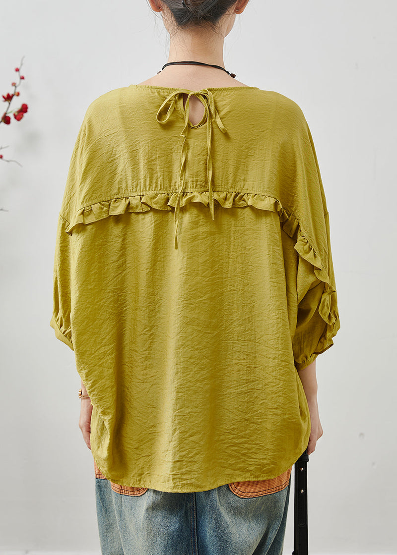 Grass Green Ruffled Cotton Shirts Summer