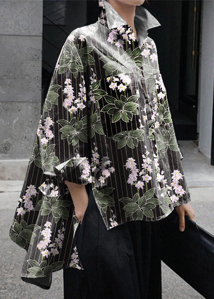 Natural Yellow Flower Peter Pan Collar Low High Design Button Pockets Cotton Shirts Long Sleeve Fall