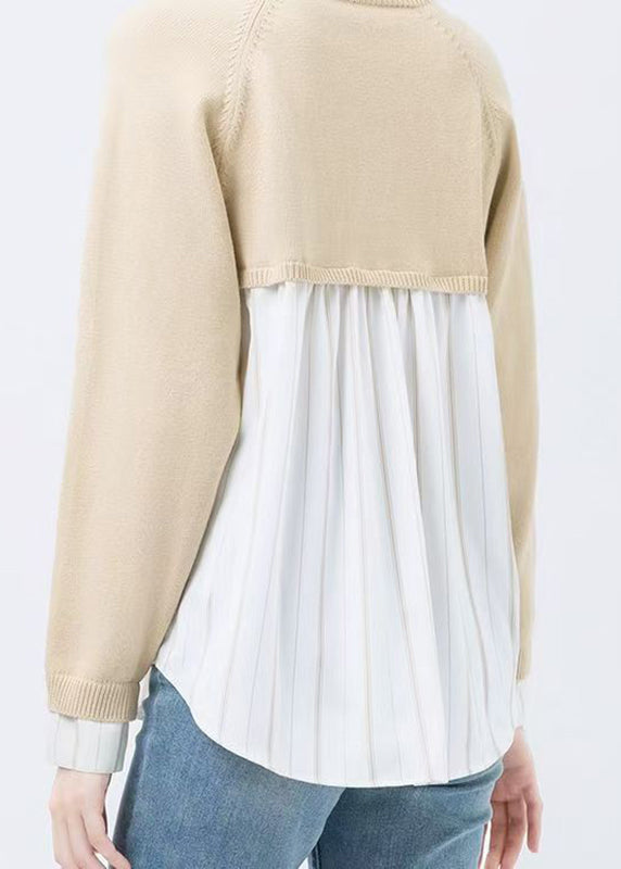 Colorblock Peter Pan Collar Button Knit Patchwork Shirt Fall