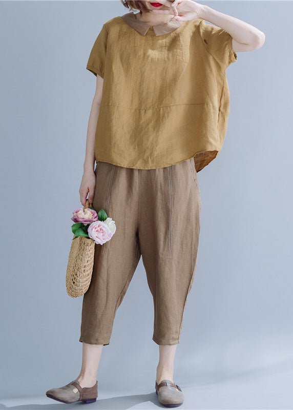 Khaki Peter Pan Collar Patchwork Linen Shirts Short Sleeve