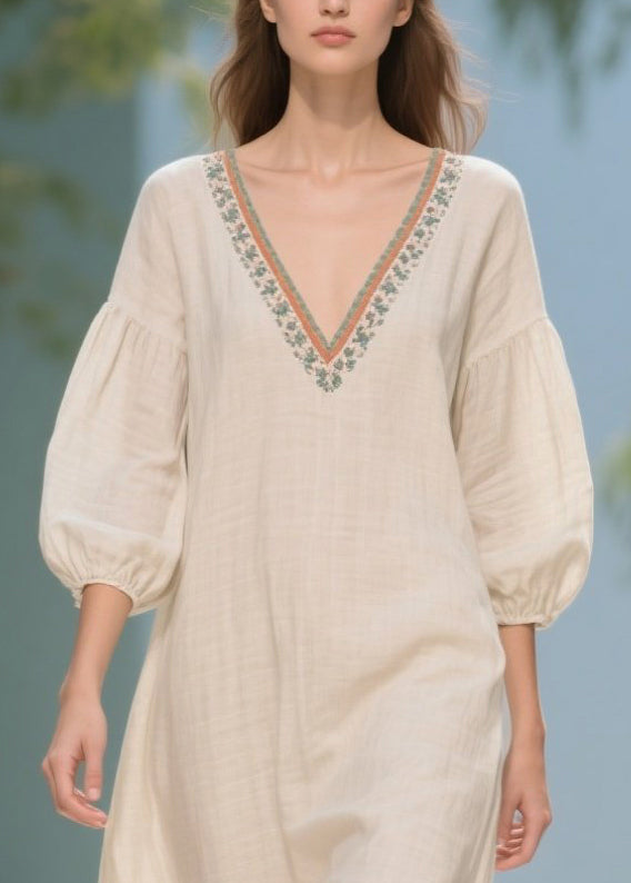 White Puff Sleeve Patchwork Linen Dresses