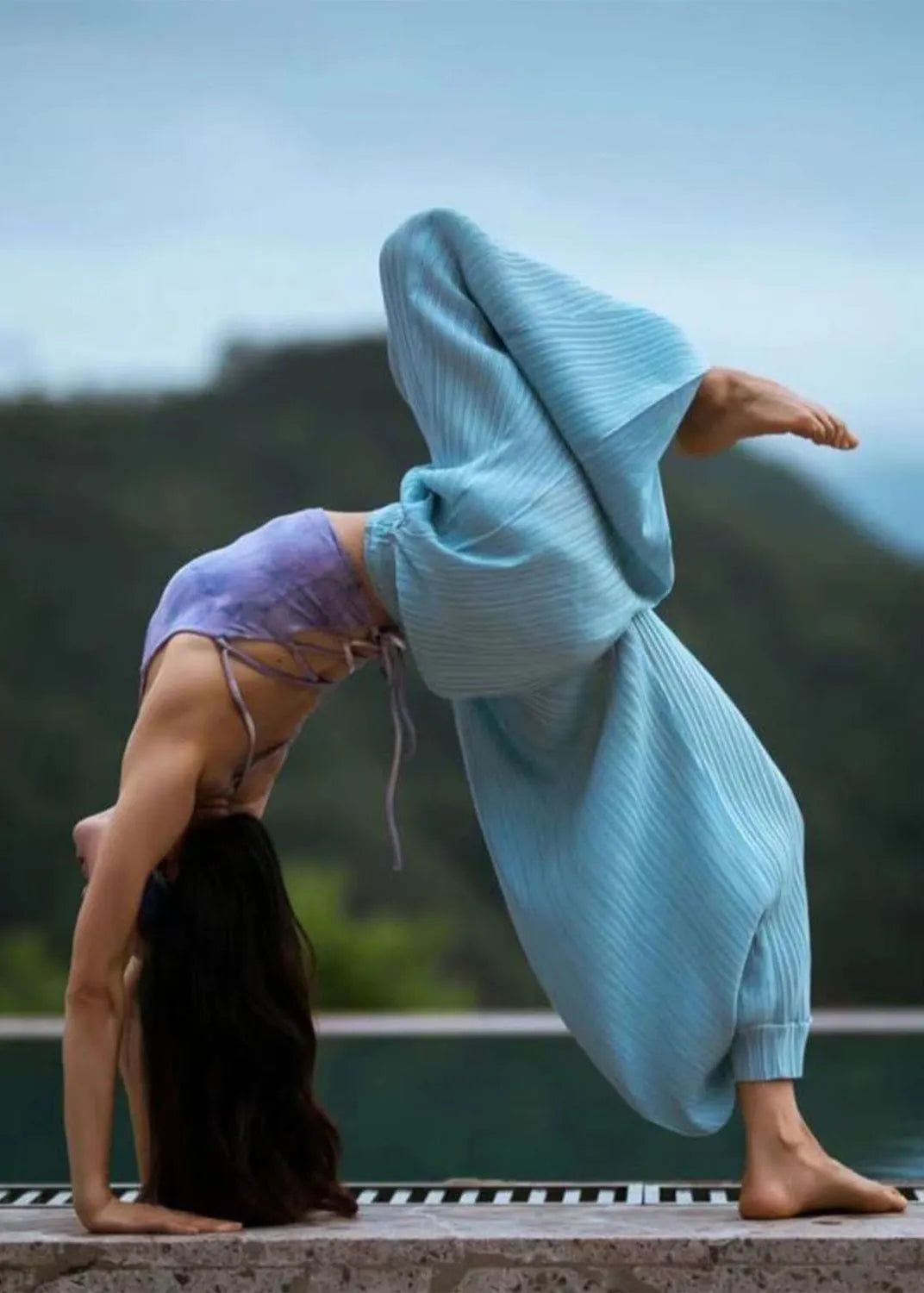 Blue Pockets Elastic Waist Cotton Lantern Pants Summer