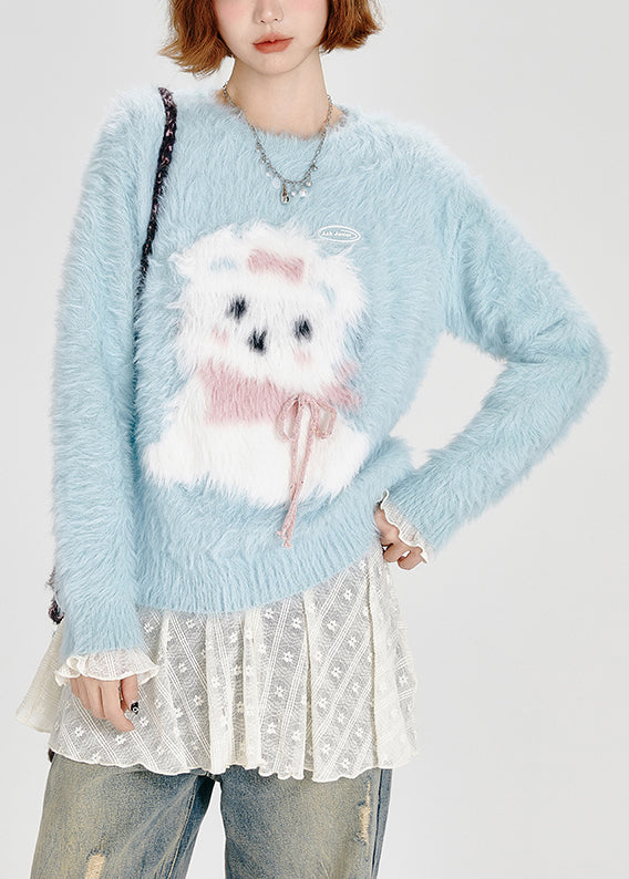 Classy Sky Blue Dog Fuzzy Fur Fluffy Knitted Tops Winter