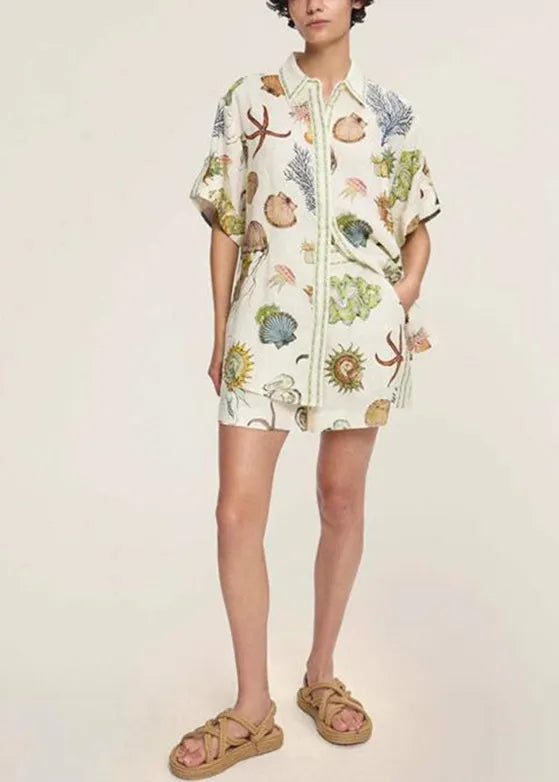 Italian Apricot Peter Pan Collar Shirts and Shorts Two Pieces Set Short Sleeve