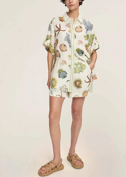 Italian Apricot Peter Pan Collar Shirts and Shorts Two Pieces Set Short Sleeve