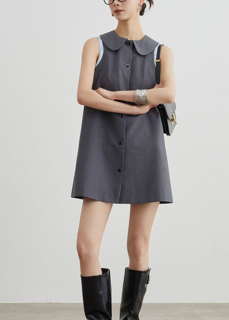Grey Peter Pan Collar Patchwork Cotton T Shirt Dresses Sleeveless
