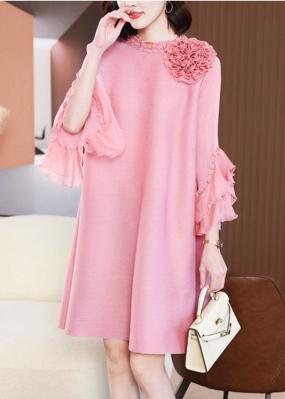 Pink Stand Collar Nail Bead Vacation Dresses Petal Sleeve