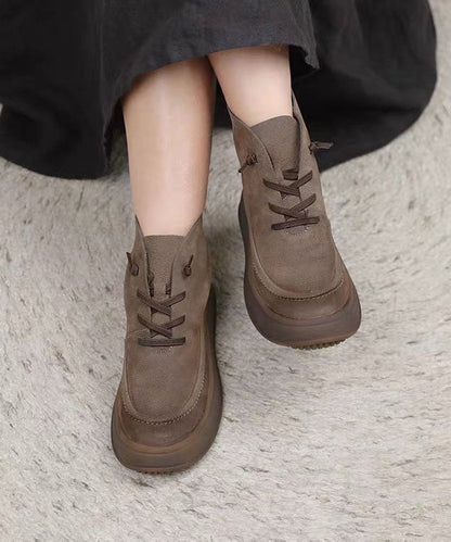 Grey Boots Cowhide Leather Cross Strap Boots