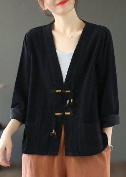 Black V Neck Tasseled Button Patchwork Corduroy Coat Fall