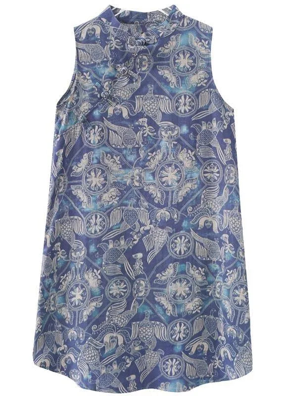 Loose Blue Print Oriental Summer Cotton Dress
