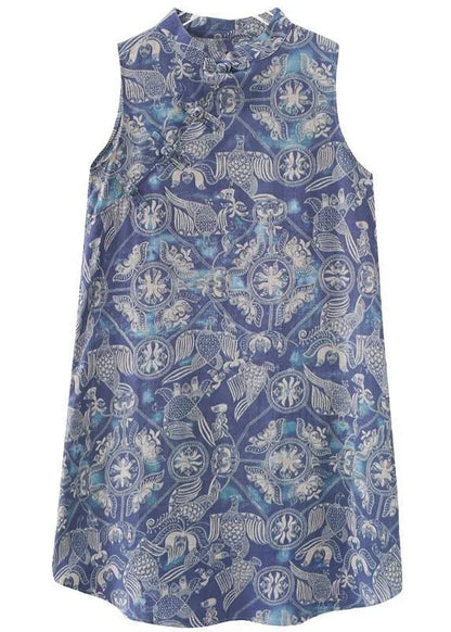 Loose Blue Print Oriental Summer Cotton Dress