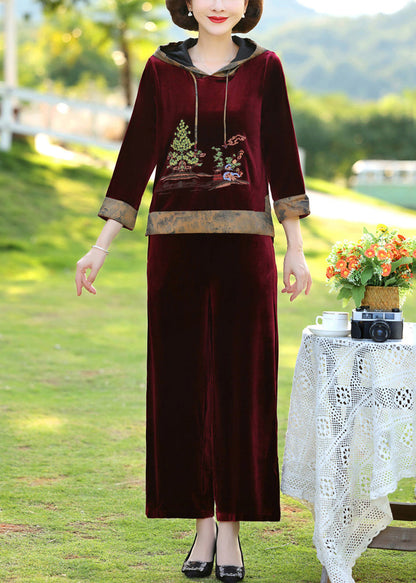 Wine Red Drawstring Silk Velour Pullover and Wide Leg Pants Two Pieces Set Long Sleeve