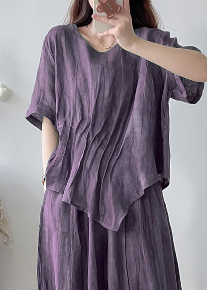 Unique Green Asymmetrical Wrinkled Tie Dye Linen Sets 2 Pieces Fall