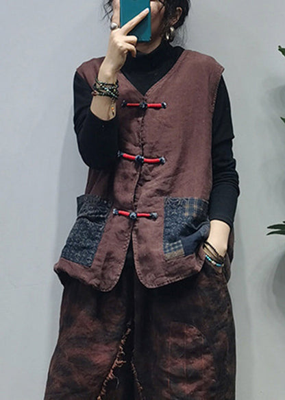 Chocolate Linen Vest Tops Patchwork Pockets Spring
