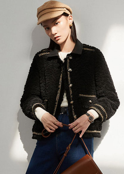 Diy Black Peter Pan Collar Patchwork Button Thick Faux Fur Coat Winter